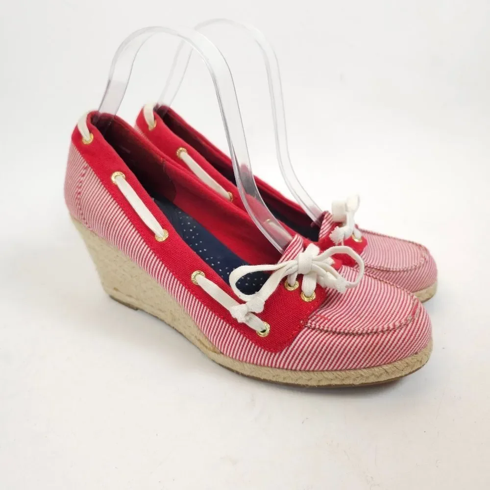 Sperry Clarens Womens Wedge Red white Striped Ropes Espadrilles shoes Size 9.5 M